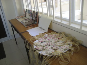 "Sign-in" area. Special ribbon and  flower garlands for invited dignitaries.